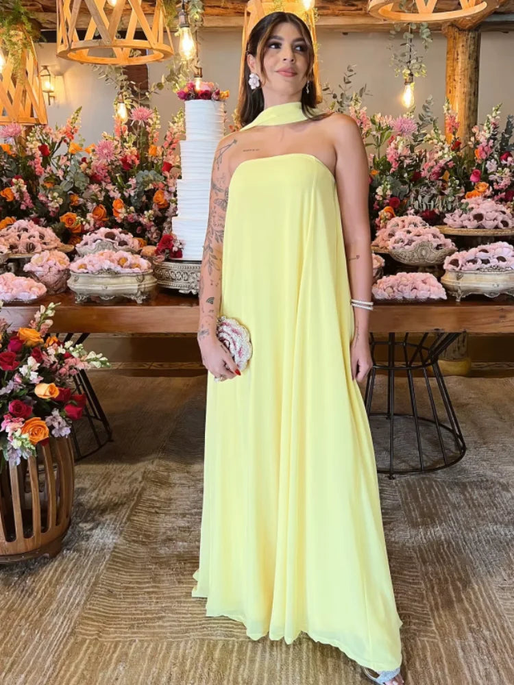 Aiertu - Elegant Off Shoulder Maxi Dresses For Women Chic Loose Yellow Sleeveless Scarf Collar Female Robes Pleated Party Lady Vestidos Aiertu