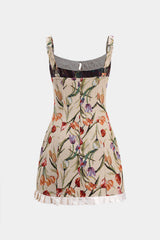 Aiertu - Satin Jacquard Pleated Patchwork Zipper Tie Front Slip Mini Dress Aiertu
