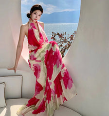 Aiertu - Rose Red Halter Neck Backless Long Dress for Women's Summer Seaside Vacation Style Colorful Printed A-line Dress Female Clothes Aiertu