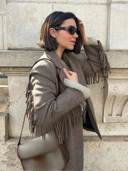 Aiertu - Casual Tassels Patchwork Long Sleeves Blazer Women Lapel Single Breasted Buckle Slim Jacket 2026 New Female Commute Outwear Aiertu