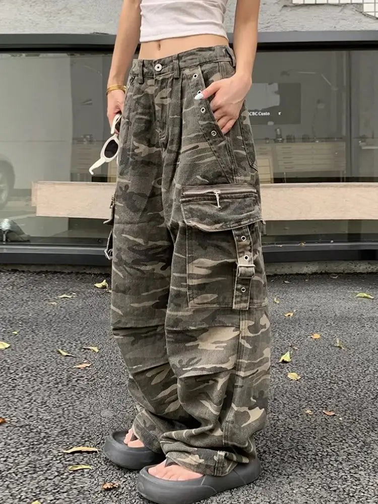 Aiertu - American Retro Distressed Camouflage Overalls Stylish High Street Straight Jeans Baggy Jeans Harajuku Y2k Hot Girl Trousers Aiertu