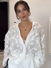 Aiertu - Chic Jacquard Button Up Women's Cardigan Loose Lace Long Sleeved Lapel Shirt 2026 Spring Summer Commuting Casual Lady Blouse Aiertu