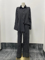 Aiertu - Black Striped Pants Sets Women Spring Single Breasted Long Sleeve Blouse+Wide Trouser Suits Elegant Casual Fashion 2 Piece Set Aiertu