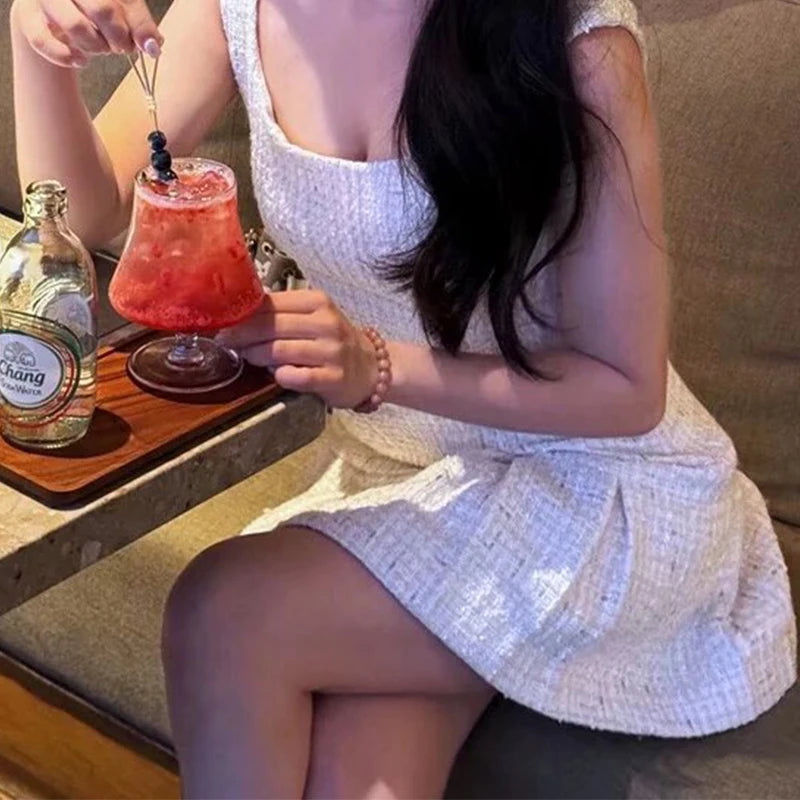 Aiertu - French Style Vintage Spring Tweed Tank Dress For Women Elegant Square Neck Sleeveless A-line Mini Dresses Party Robe Aiertu