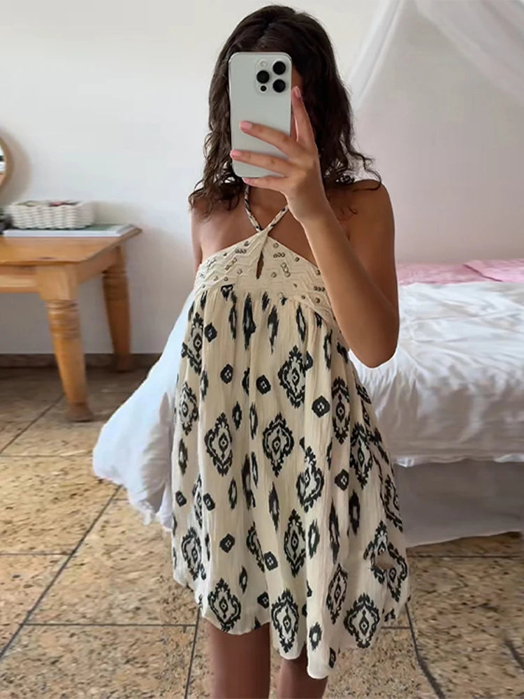 Aiertu - Y2K Patchwork Halter Mini Dress For Women Chic Floral Print Sleeveless Backless Party Dress Summer Vacation Beach Lady Vestidos Aiertu