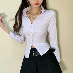 Aiertu 2025 spring fashion trend Y2k White Women Crop Shirts Korean Sexy Slim Long Sleeve Female Casual Blouse Autumn New Office All Match Button Ladies Tops Aiertu