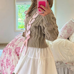 Aiertu - Sweet Ribbon Criss-Cross Tie Up Sweater Girly Coquette Cable Knitted Pullovers Women Autumn Vintage Y2k Knitwear Jumpers Tops Aiertu