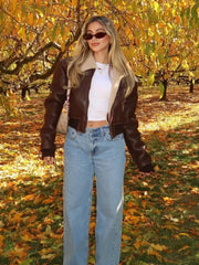 Aiertu - Women Fashion Fur Collar Short Leather Jacket Fasion New Loose Warm Long Sleeves Zipper Coat 2025 Female Winter High Streetwear Aiertu
