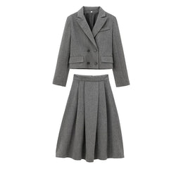 Aiertu - Office Lady Elegant Midi Skirt For Women Mid Waist Box Pleat A-line Autumn Winter Skirts Gray faldas mujer Aiertu