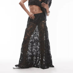 Aiertu - New Lace Embroidery Women's Half Skirts Elegant Hollow Perspective Solid Long Skirts fashion All Match Club Party Elastic Skirts Aiertu