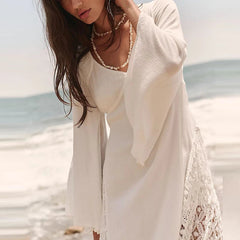 Aiertu - Casual Solid Flare Long Sleeved Dresses Elegant V Neck Lace Up Beach Vacation Dresses Fashion Lace Embroidery Women Long Dresses Aiertu