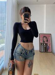 Aiertu - Denim Shorts Low Waisted 2 Buttons Shorts Women Distressed Tassel Hip Hop Streetwear Fashion Summer Short Jeans Y2k Denim Shorts Aiertu