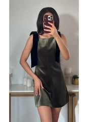 Aiertu - Black Elegant Velvet Bow Strap Mini Dress for Women Chic Square Collar Slip Vintage Dress Female Club Party Dress Evening Gown Aiertu