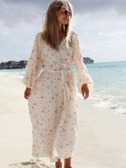 Aiertu - New 2026 Autumn Women's V-neck Long Sleeve Floral Print Beach Dress Female Casual Loose Chiffon Long Vacation Dresses with Belt Aiertu