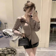 Aiertu - Gray Purple Blouses Fine Elegant Shirt Women Korean Style Slim Long Sleeve Tops Female Sexy Office Ladies Autumn Fashion Clothes Aiertu