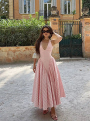 Aiertu - Women Pink Plaid Backless V-neck Lace Up Party Dress Sexy Wrap Waiist Strapless Pleated A Line Robe 2026 Vacation Lady Dresses Aiertu