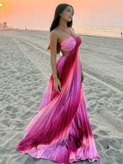 Aiertu - Rainbow Halter Pleated Suspender Large Swing Women Dress Summer Beach Backless Slim Dresses 2025 Summer Vacation Chic Lady Robe Aiertu
