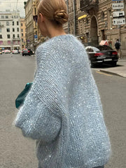 Aiertu - Sequins Knit Women Sweater Loose Deep V-neck Long Lantern Sleeve Female Pullover 2026 Autumn Winter Fashion Casual Lady Knitwear Aiertu