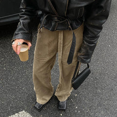 Aiertu - Women Corduroy Pants with Belt Y2K Brown Retro Casual Straight Trousers Minimalist Fashion Ladies Winter Streetwear Aiertu