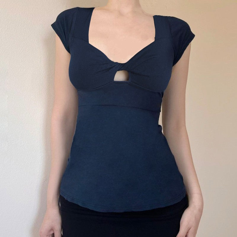 Aiertu - Chest Hollow Out Top Elegant Slim-fitting Short Sleeve T-shirt Summer Chic Basic Square Collar Tops Retro Streetwear Aiertu