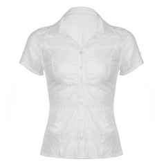 Aiertu - Fashion Chic Folds Summer Blouse Women Texture Stripe Buttons-Up Cardigan Shirt Korean French Tops Short Sleeve Basic Aiertu