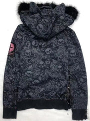 Aiertu - Goth Skull Print Y2k Hoodies Jackets Women Vintage Harajuku Coat Aesthetic Grunge Fur Patchwork Hooded Jacket Fairy Zipper Coat Aiertu