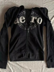 Aiertu - All Match Black Color Women Autumn Winter Coats Punk Y2k Aesthetic Letter Print Zipper Jackets American High Street Hoodies Aiertu