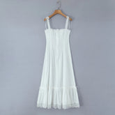 Aiertu - White Spliced Lace Slash Collar Corset Style Ruched Low Waist Midi Long Sling Dress Women Ribbon Swing Dresses Summer Robe Aiertu