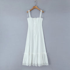 Aiertu - White Spliced Lace Slash Collar Corset Style Ruched Low Waist Midi Long Sling Dress Women Ribbon Swing Dresses Summer Robe Aiertu