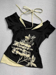 Aiertu - American Strappy Letter Print T-shirt Women Retro Streetwear Hot Girl Slim Fit Millennial Fashion Street Trend Casual Y2K Top Aiertu