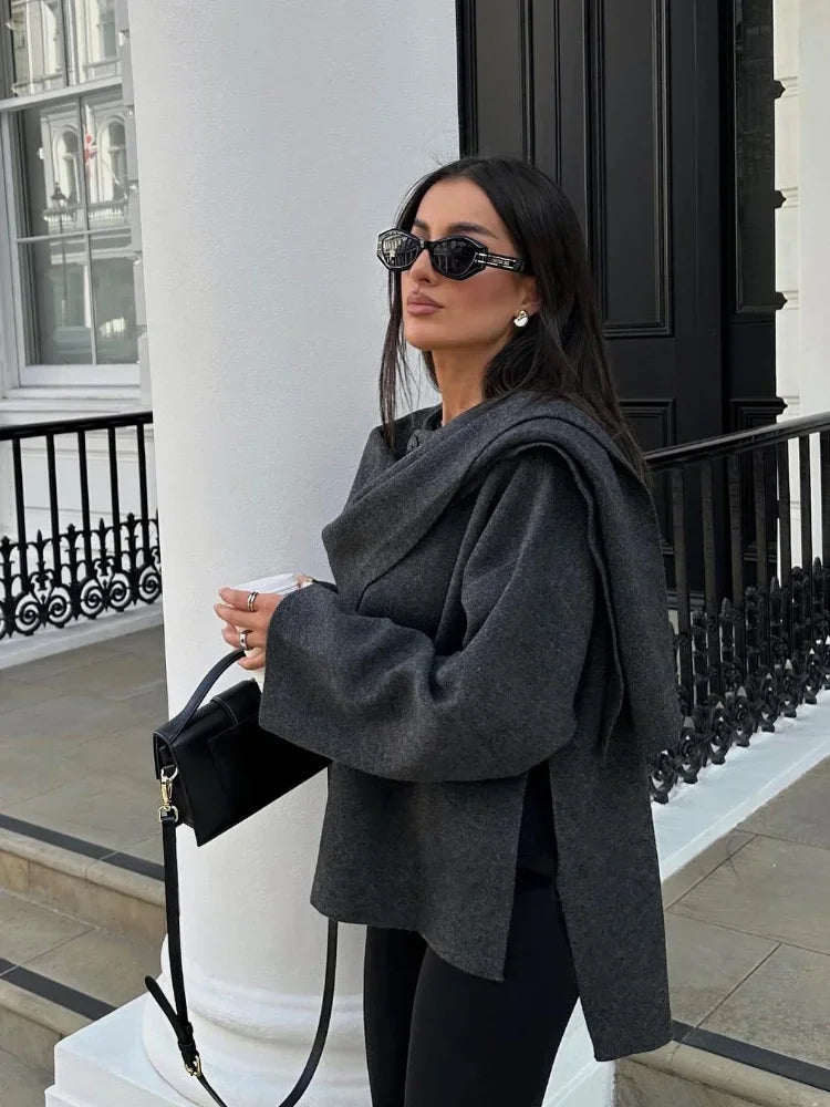 Aiertu - Women Fashion Scarf Decorated Woolen Jacket Casual Solid Long Sleeve Loose Warm Overcoat 2026 Autumn Winter New Lady Chic Coat Aiertu