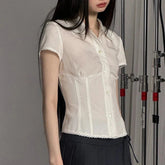 Aiertu Y2K White Shirts Women Harajuku Jk Lace Short Sleeve Blouses Summer Preppy Kawaii Korean Fashion Basic Slim Chic Tops New Aiertu