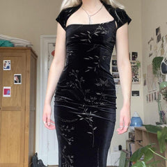 Aiertu - Dark Vintage Leaves Velvet Dress Aiertu