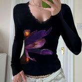 Aiertu - Y2K Long Sleeve T-shirt Floral Print Elegant Women Fitted Cropped Top Spring Fashion Vintage Street Tee Shirt Outfits Aiertu