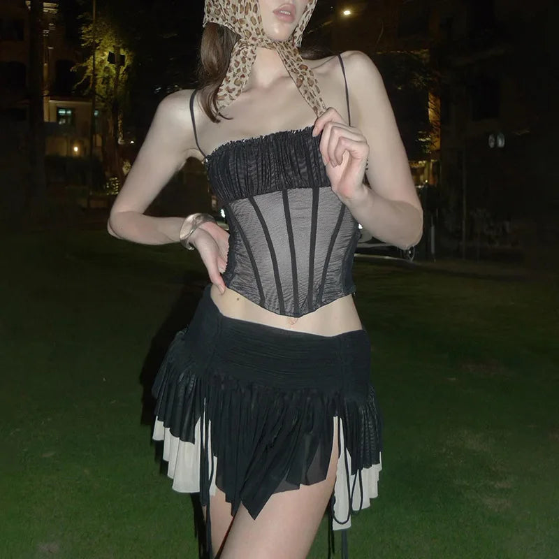 Aiertu - Summer 2 Piece Set for Woman Sexy Outfits Black Mesh Sheer Corset Top and Drawstring Pleated Mini Skirt Sets P94-EH32 Aiertu