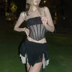 Aiertu - Summer 2 Piece Set for Woman Sexy Outfits Black Mesh Sheer Corset Top and Drawstring Pleated Mini Skirt Sets P94-EH32 Aiertu