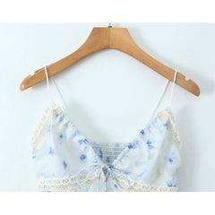 Aiertu - New Women Sexy Sleeveless V Neck Lace Trim Floral Print Camis Holiday Summer Crop Top Aiertu