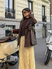 Aiertu - Yellow Pleated Long Skirts For Women Casual High Waist A-line Female Vestidos Spring Summer Loose Ladies Streetwear 2025 New Aiertu