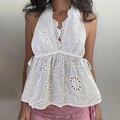Aiertu - Y2K Aesthetics Jacquard Hollow Camis Women Summer Backless Vacation Halter Tops Lace Patchowork Hottie Clothes Trend Aiertu