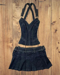 Aiertu - Streetwear Y2K Vintage Denim Suit Skirt Sets Womens Outfits Black Sexy Hollow Vest Suspenders Harajuku Goth Zipper Pleated Skirt Aiertu