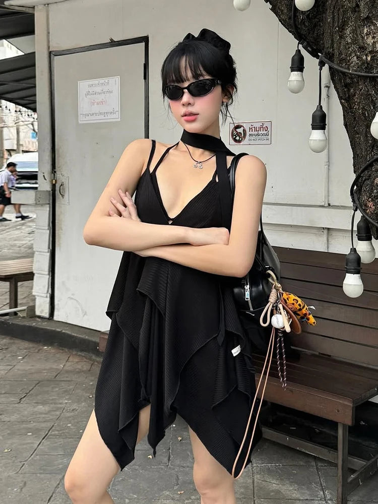 Aiertu - Street Woman 2 Piece Set Sexy Frenulum Bra+v-Neck Dress Lace-Up Sleeveless Midnight Cool Backless Hottie Matching Suit Aiertu