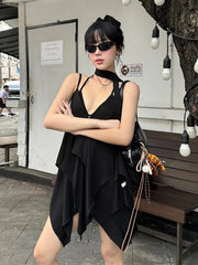 Aiertu - Street Woman 2 Piece Set Sexy Frenulum Bra+v-Neck Dress Lace-Up Sleeveless Midnight Cool Backless Hottie Matching Suit Aiertu