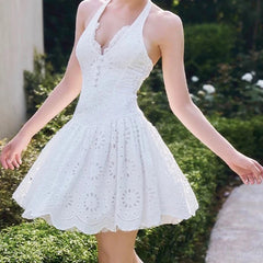 Aiertu - Fashion Hollow Out Embroidery White Halter Dress For Women Sexy Backless Low Waist A-line Mini Summer Dresses French Style Robe Aiertu