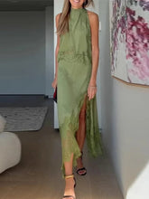 Aiertu - Lace Patchwork Tank Top Skirt Set Women Sleeveless Solid Thin Vest Split Midi Skirts Suit 2026 Summer Holiday Street Outfits Aiertu