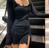 Aiertu Square Neck Lace Patchwork Bodycon Black Dress Women Elegant Cotton Fashion Side Split Autumn Dress Mini Ladies Basic Aiertu