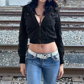 Aiertu - Gothic Y2K Women Crop Jacket Fashion High Street Long Sleeve Zipper Coat 2000s Vintage Casual Outwear Workwear Style Aiertu