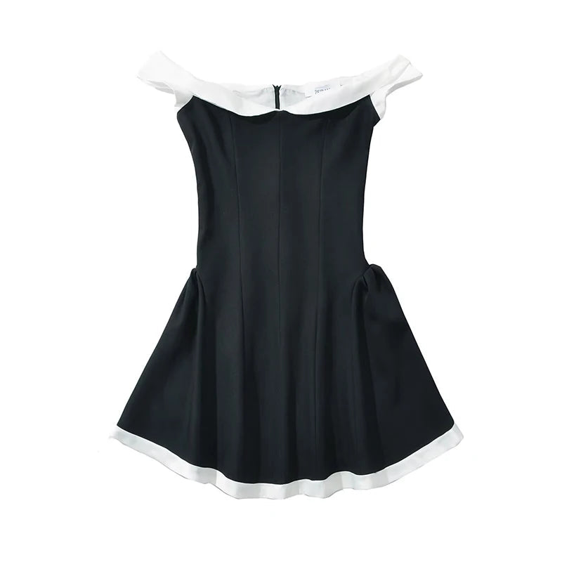Aiertu - Elegant Women Black White Hit Color Sexy Off Shoulder Dress Short Sleeve Summer Evening Party Mini Dresses Ball Gown Robe Aiertu