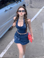 Aiertu - Summer sexy hot girl V-neck hanging neck denim vest top and Hip hugging skirt two-piece set temperament leisure suit Aiertu