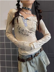 Aiertu - American Y2K Letter Printed Fake Two Piece Long-sleeved T-shirt Retro Street Punk Distressed Loose Harajuku Casual Hot Girl Top Aiertu