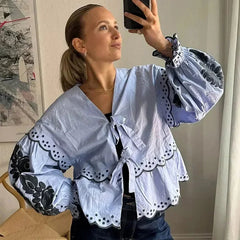 Aiertu - Casual Lace Up Women Embroidery Blouse V-neck Lantern Sleeve Blouse Wave Cut Eyelet Female Tops 2026 Spring Fashion Female Tops Aiertu